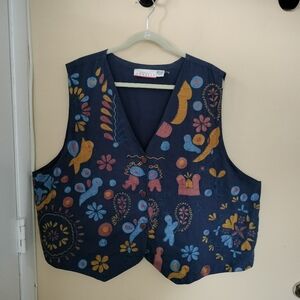 Forelli Vintage 80s 90s Cotton Blue Brown Embroidered Vest 26 Fun Artsy Boho